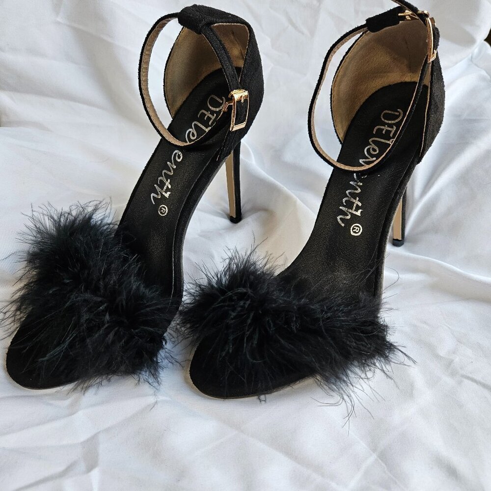 DEleventh black ankle strap heeled sandal feathers stiletto open toe 42‎ 10.5